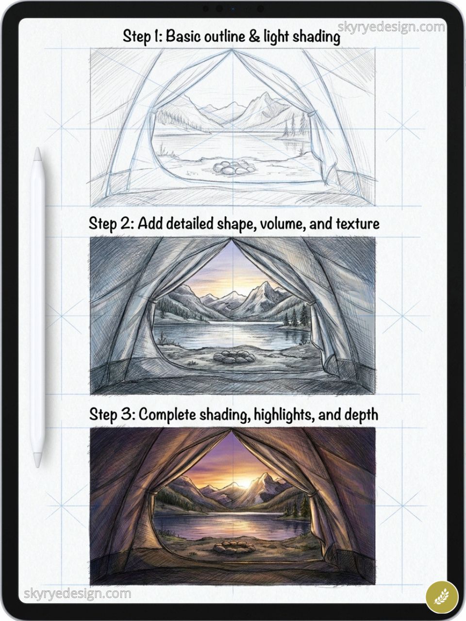 Step-by-step drawing tutorial on tablet: tent viewpoint landscape sketch to detailed, shaded and colored lakeside mountain scene.