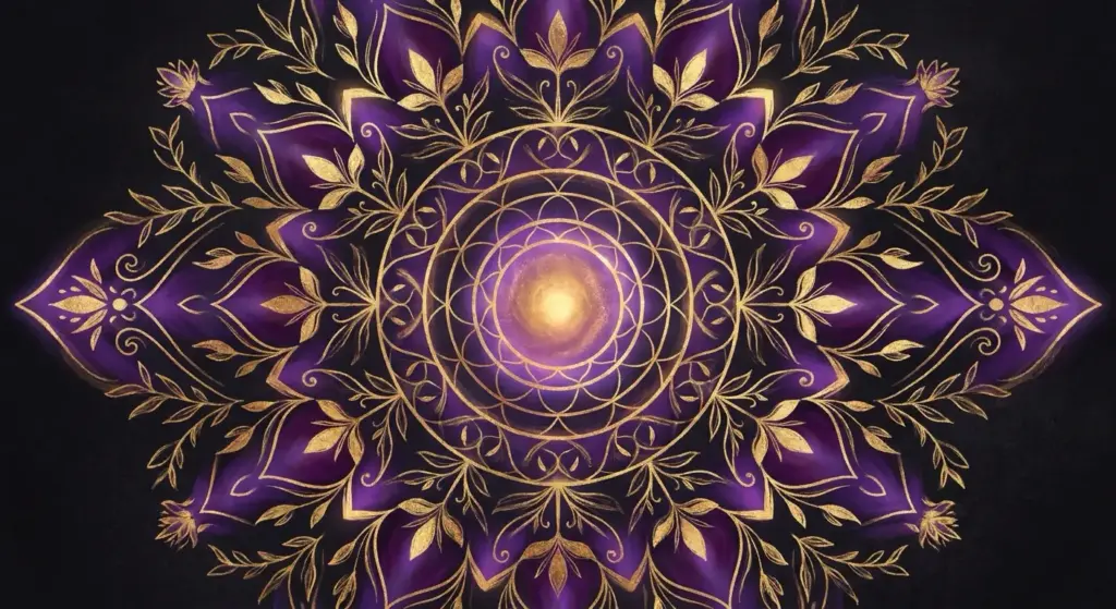 Ornate purple and gold mandala with floral motifs, concentric circles and luxurious metallic accents for meditation decor