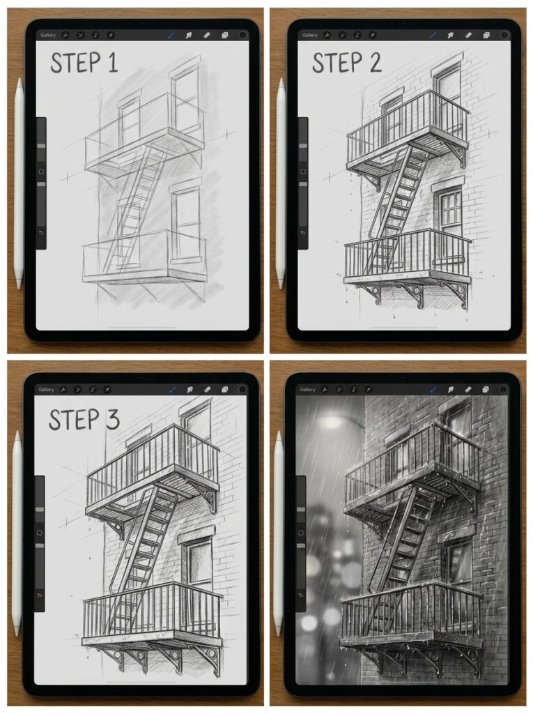 Four-panel iPad tutorial: step-by-step digital sketch-to-render of a brick building fire escape balcony.