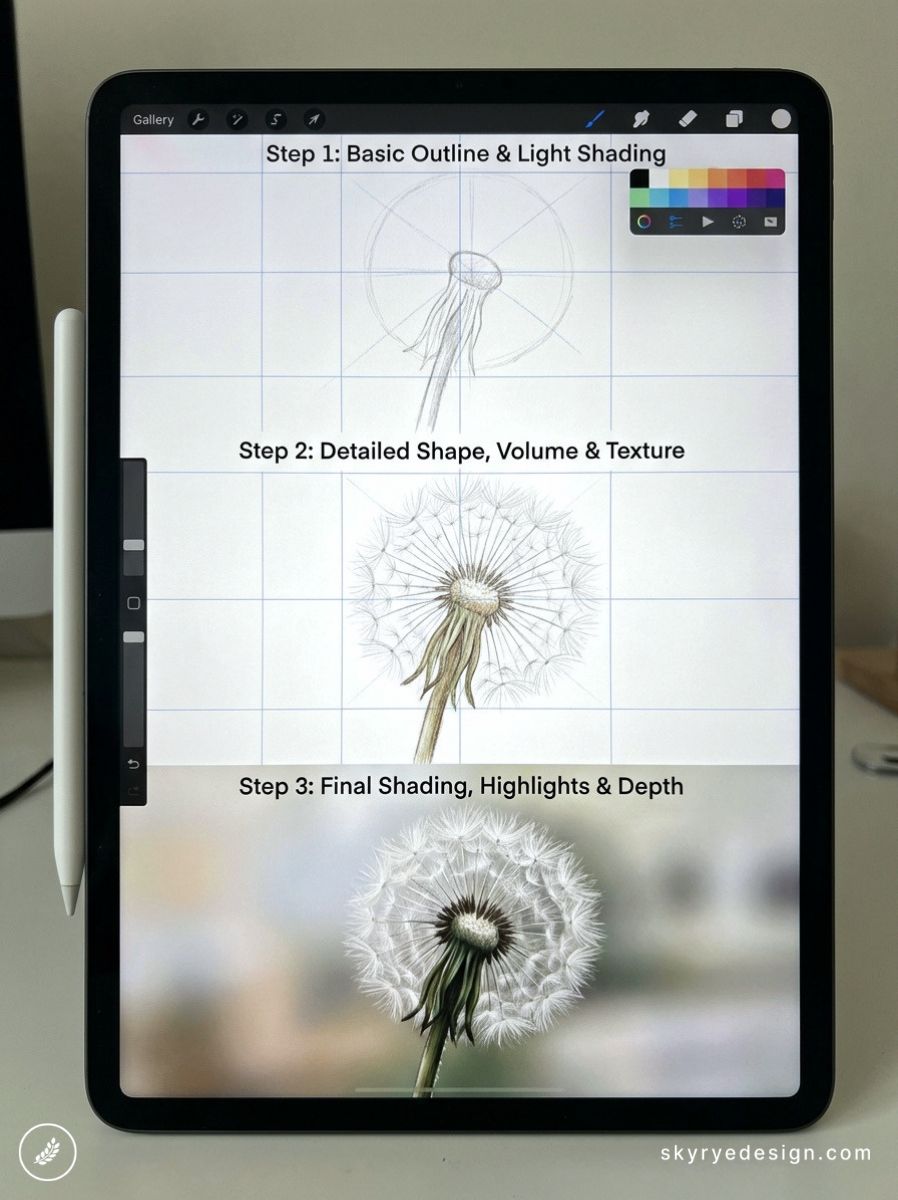 iPad Pro drawing tutorial showing three-step digital dandelion sketch to photorealistic rendering, Apple Pencil attached.