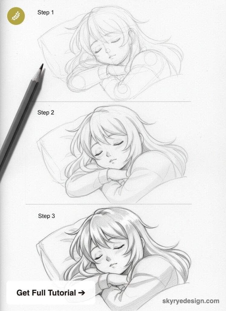 Three-step pencil tutorial showing progression from rough sketch to shaded anime-style sleeping girl.