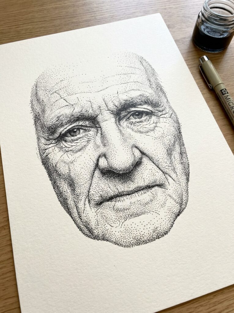 Stippling pen-and-ink portrait of an elderly man's face on textured paper with ink jar and pen.