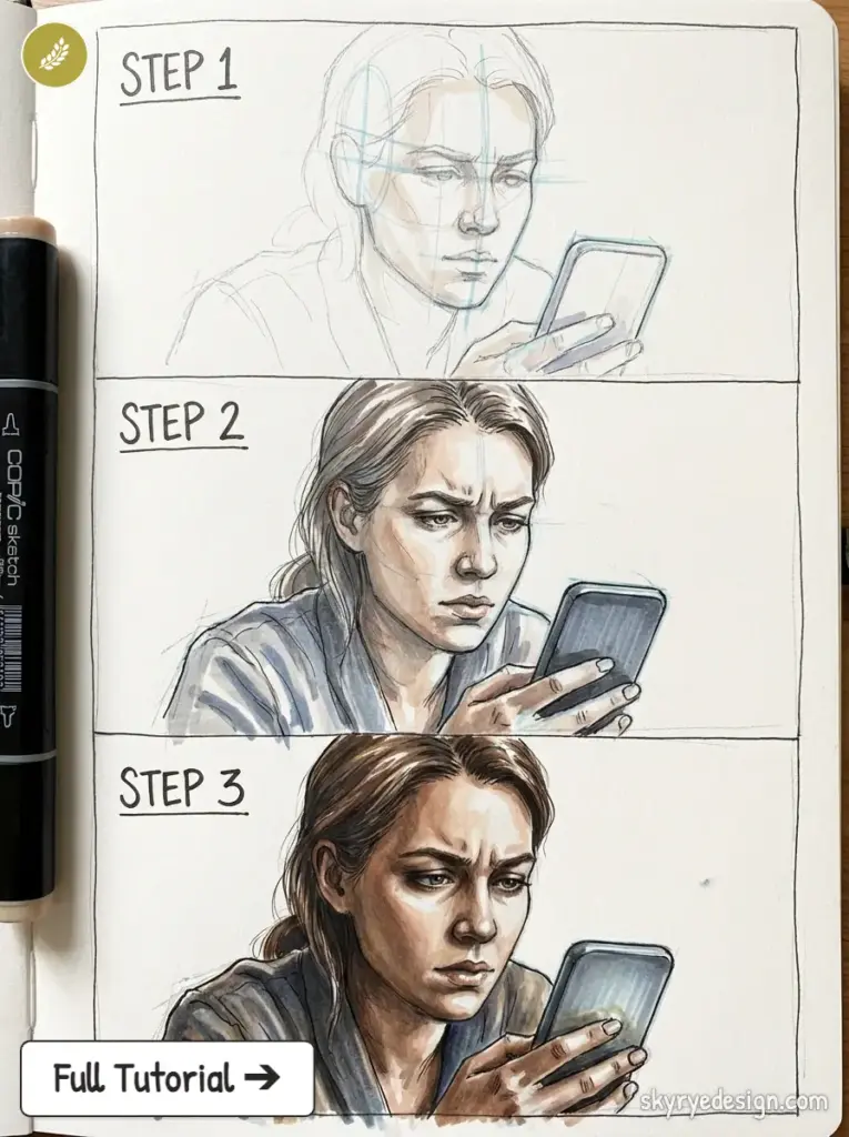 Step-by-step portrait drawing tutorial showing progression from sketch to full-color of woman looking at smartphone