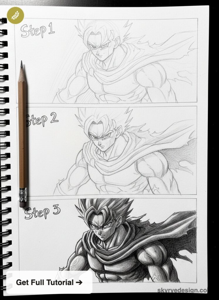 Step-by-step pencil drawing tutorial showing three stages of a muscular anime hero sketched in a spiral notebook with pencil