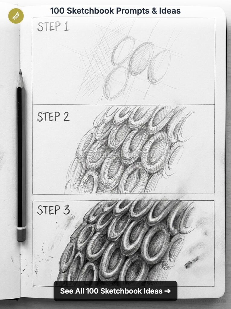 Sketchbook pencil tutorial: three-step shading progression of overlapping oval scales texture, pencil at left