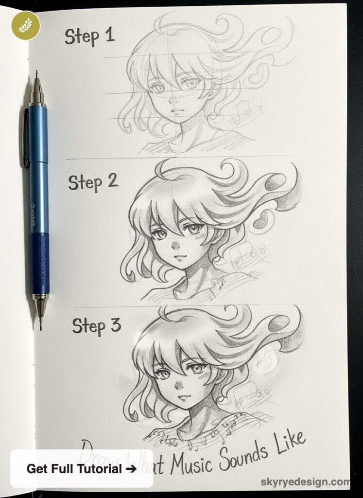 Three-step graphite tutorial: anime-style female portrait sketch with flowing hair, musical motifs, pencil at left
