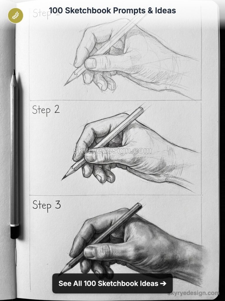 Three-step pencil sketch tutorial of a hand holding a pencil on a sketchbook page, with a graphite pencil.
