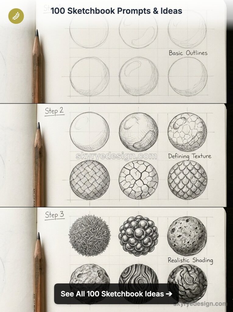 Sketchbook page with pencil step-by-step sphere drawings: outlines, texture studies and realistic shading | 100 prompts