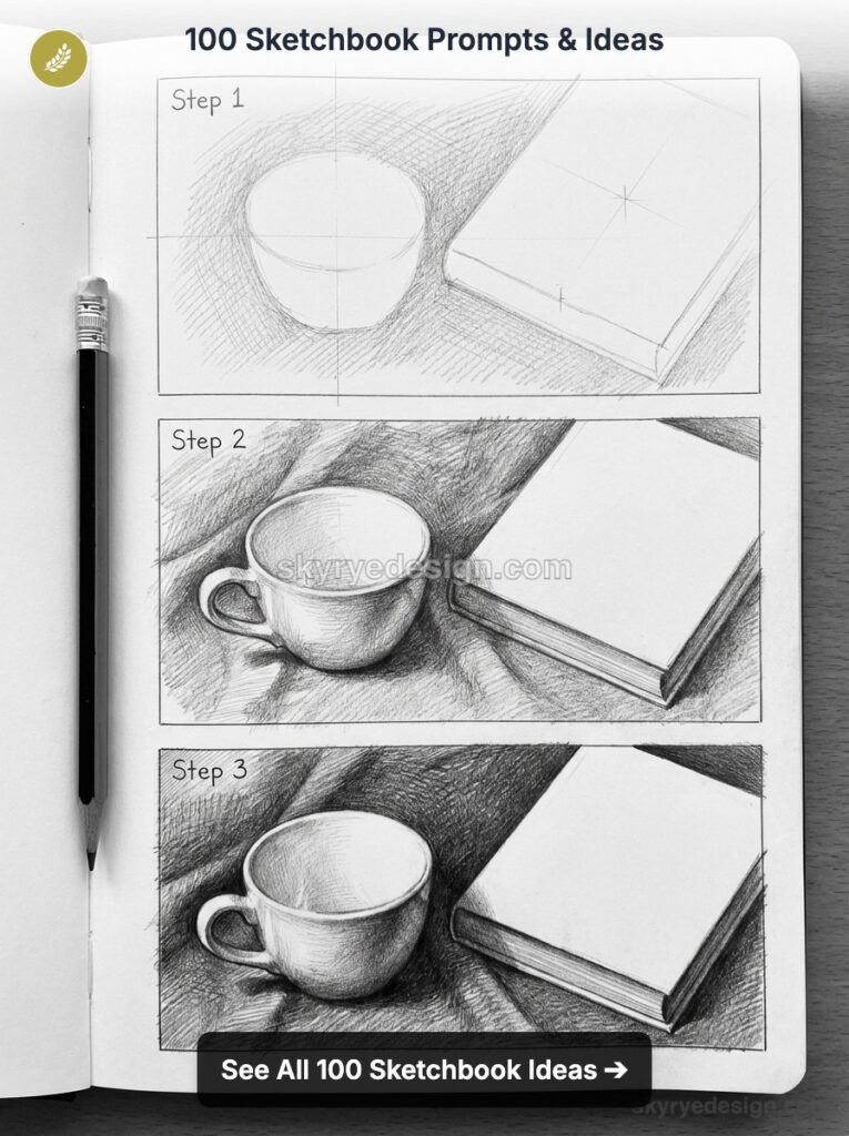 Sketchbook page showing 3-step pencil tutorial of a cup and book with pencil — 100 sketchbook prompts & ideas