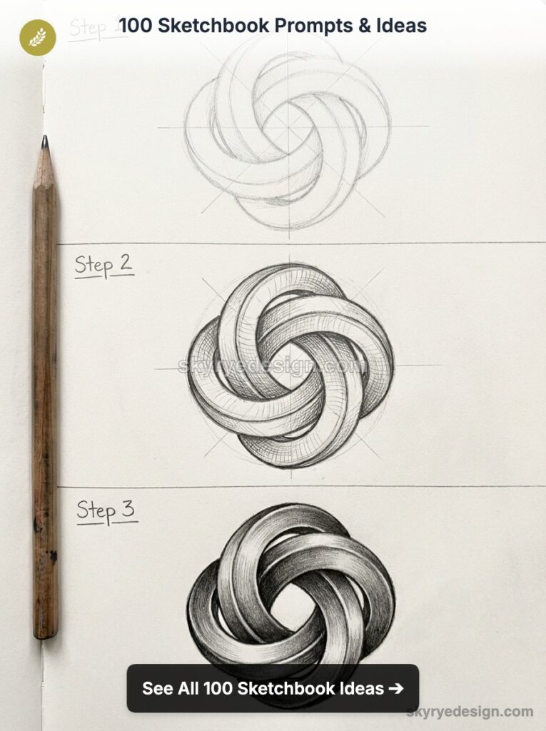 Three-step sketchbook pencil tutorial showing a braided knot sketch with shading and a wooden pencil, sketching idea