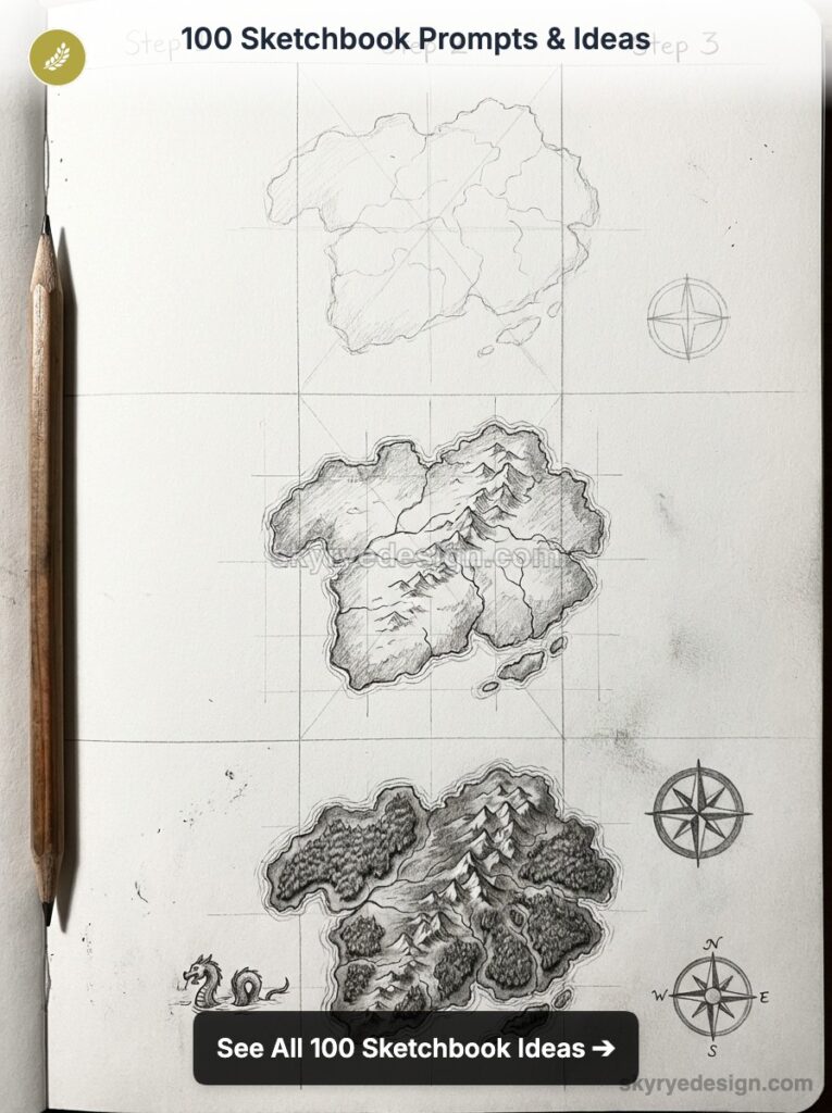 Sketchbook showing progressive pencil fantasy island map sketches with compass roses, grid lines and sea-serpent doodle