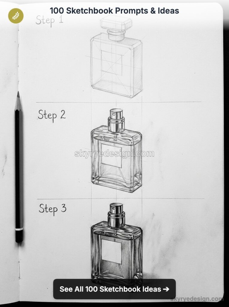 Perfume bottle pencil drawing tutorial - step-by-step sketch in a sketchbook showing three stages with grid lines and pencil