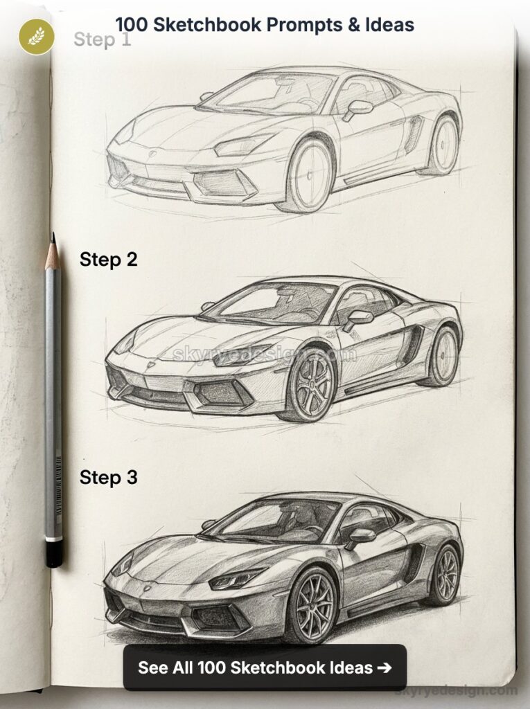 Step-by-step pencil sketch tutorial of a sports car in a sketchbook — 3 stages from rough outline to detailed rendering.