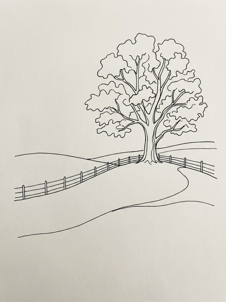 Minimalist black ink line art of a large tree by a fence with rolling hills and a winding path