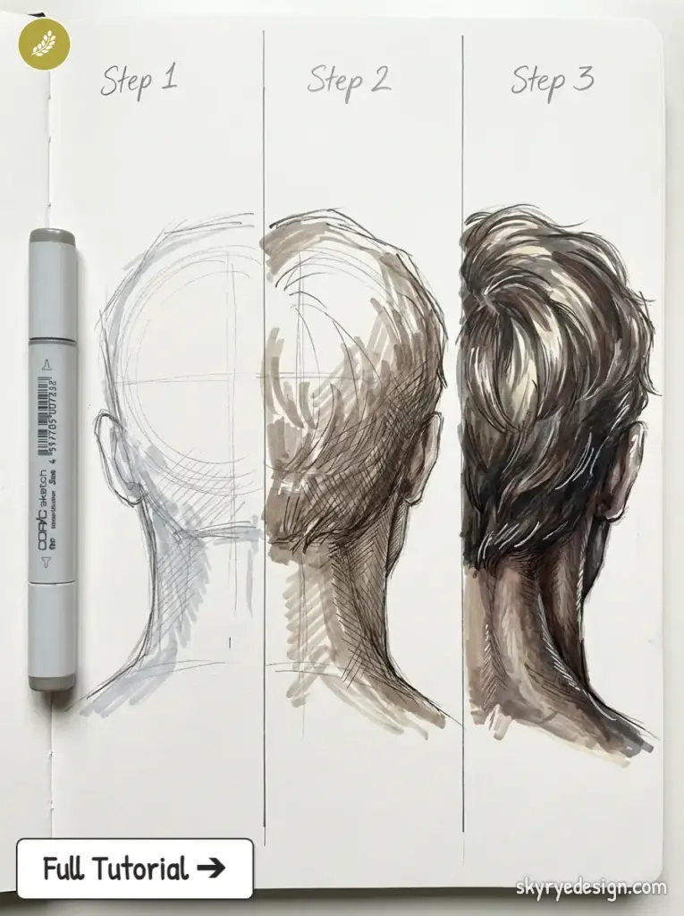 Step-by-step hair drawing tutorial: three-stage back-of-head progression from pencil sketch to shaded marker rendering.