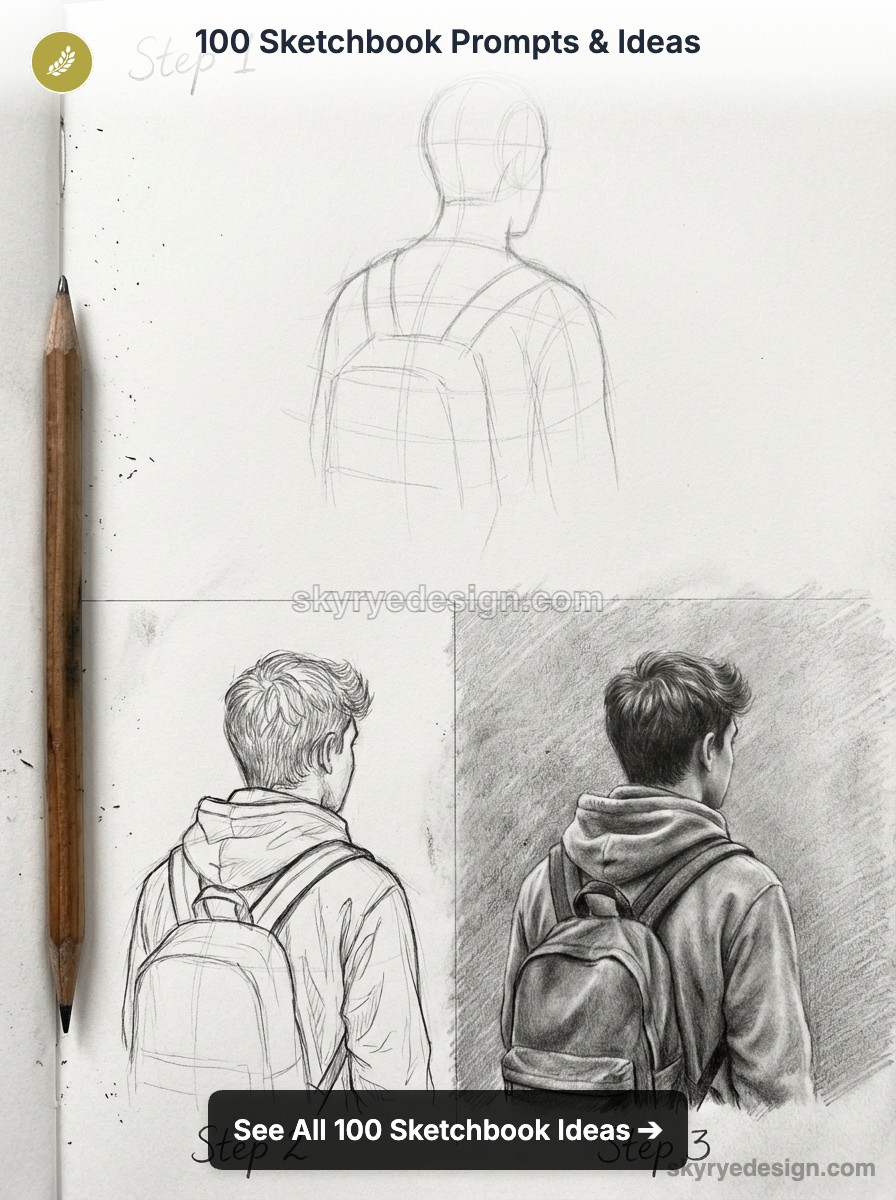 Sketchbook page: step-by-step pencil sketches of a person wearing a backpack from behind, pencil on left.