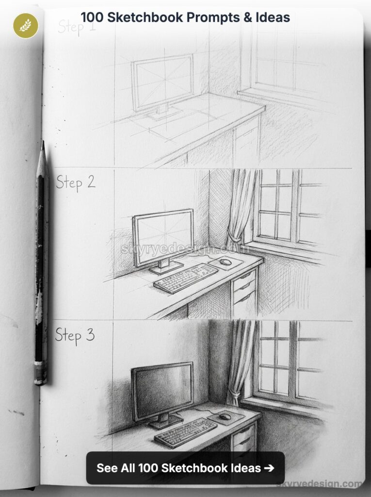 3-step pencil sketch in a sketchbook showing a desk with computer monitor, keyboard and mouse by a window