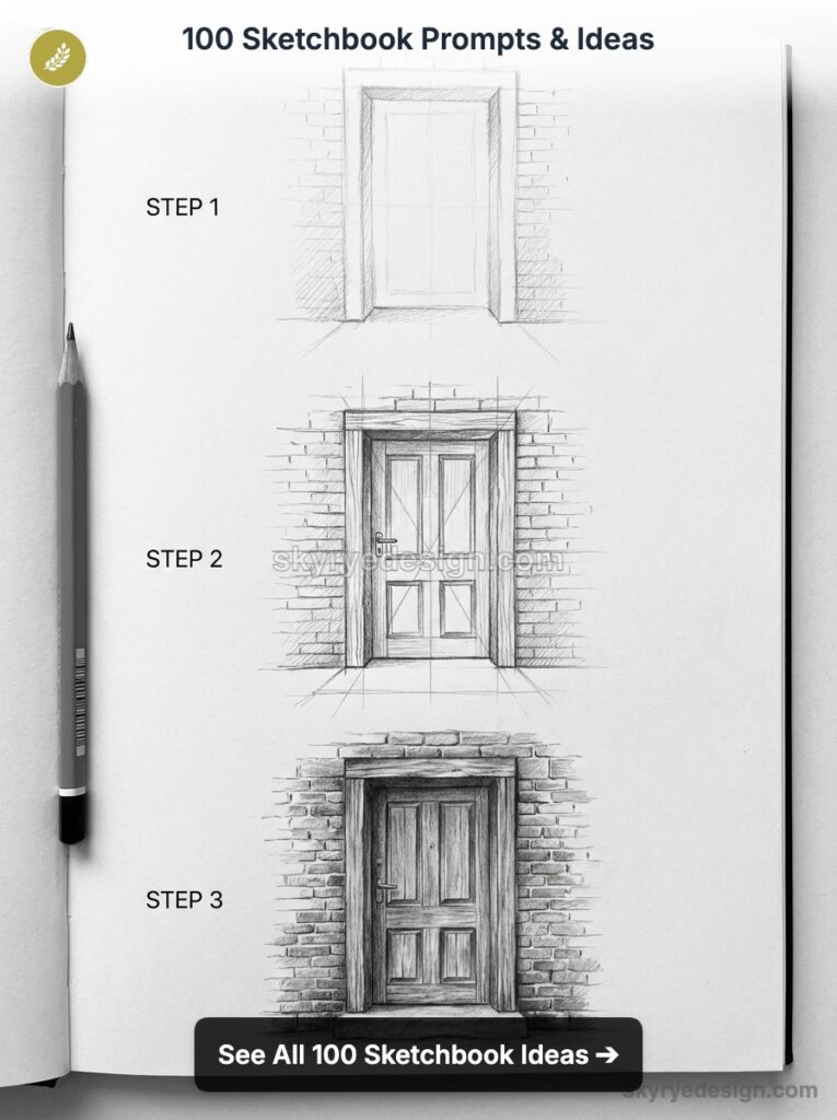 Sketchbook page showing 3-step pencil drawing tutorial of a wooden door in a brick doorway, pencil at side
