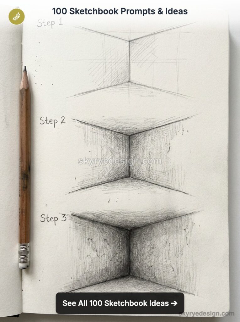 Sketchbook pencil tutorial showing 3-step corner perspective shading — steps 1–3 beside a wooden pencil