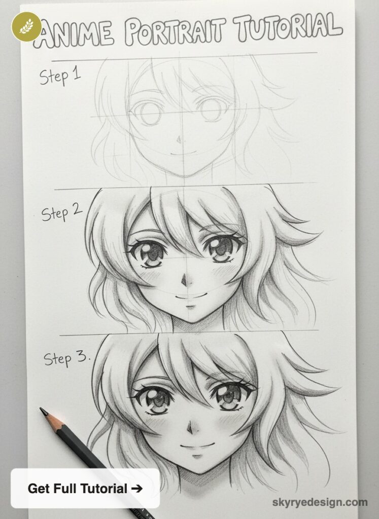 Anime portrait tutorial: 3-step pencil sketch progression of a female anime face from rough guidelines to detailed shading.