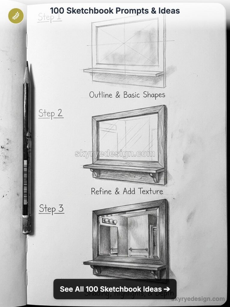 100 sketchbook prompts: step-by-step pencil tutorial drawing a framed mirror on a shelf — outline, texture, shading