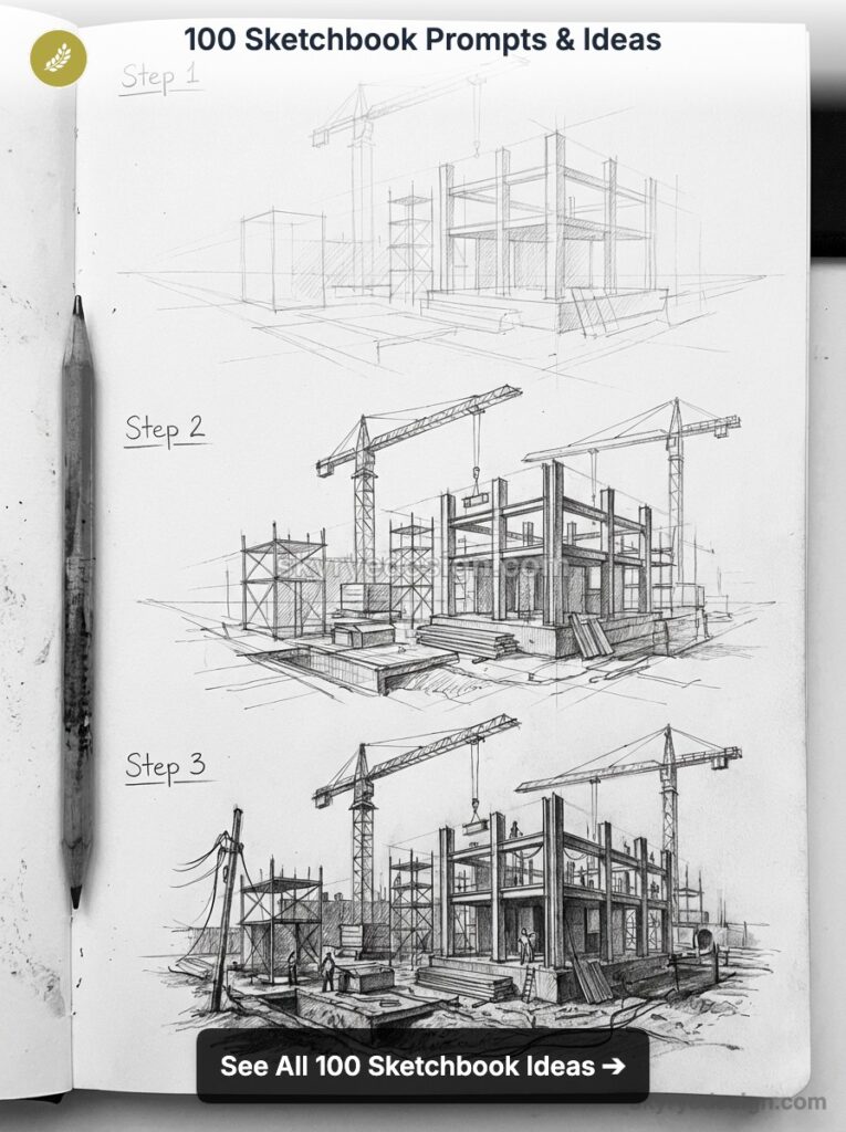 Sketchbook page showing step-by-step construction sketches (Steps 1‑3) with cranes, building framework, and pencil