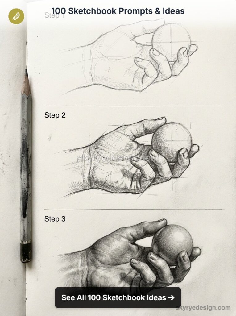 Three-step pencil sketch tutorial of a hand holding a sphere on a sketchbook page, pencil beside for reference