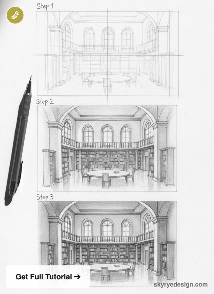 Library perspective drawing tutorial - step-by-step pencil sketches showing interior in three stages
