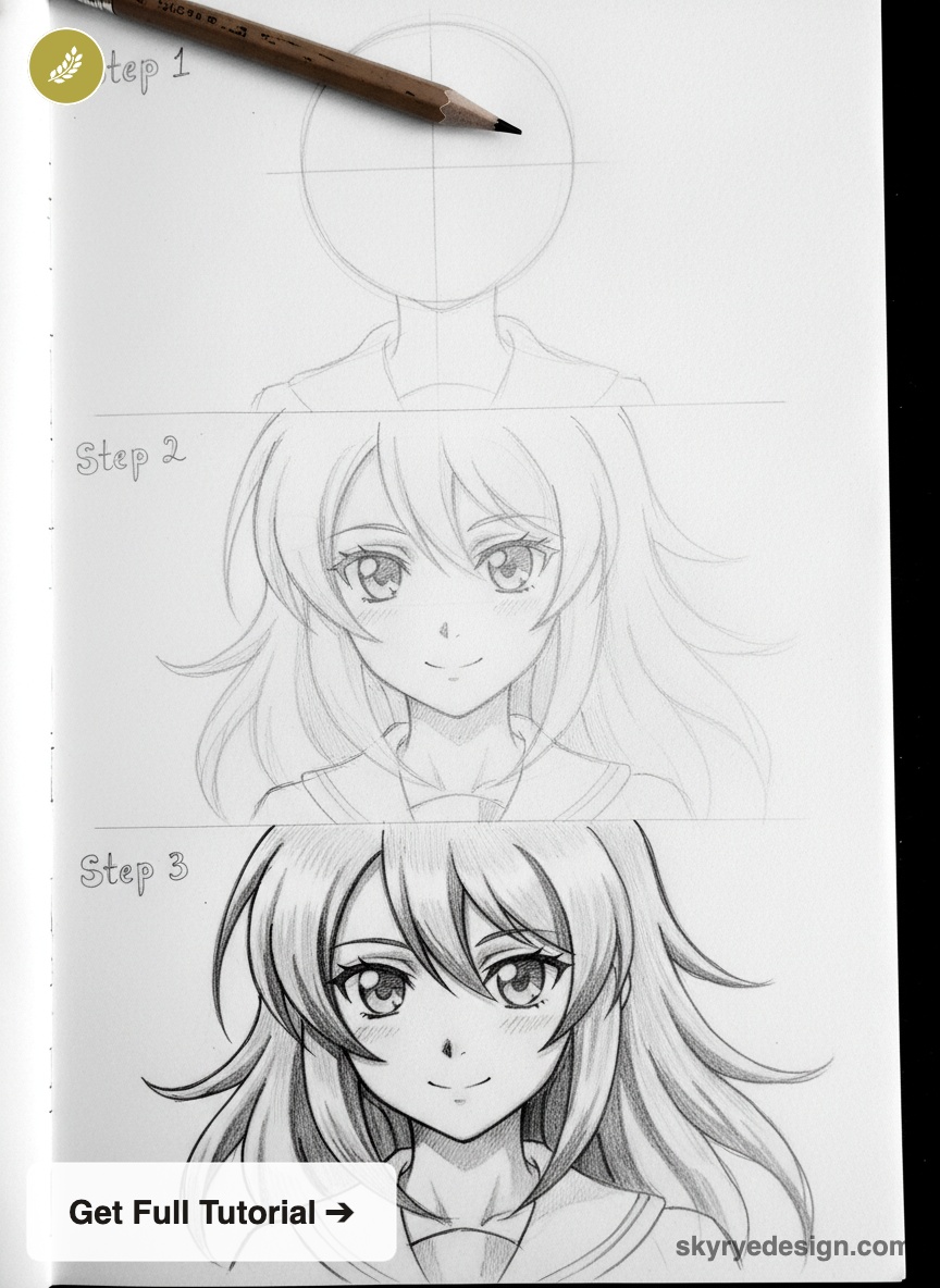 Pencil step-by-step anime girl tutorial: initial guidelines, mid sketch, finished shaded portrait