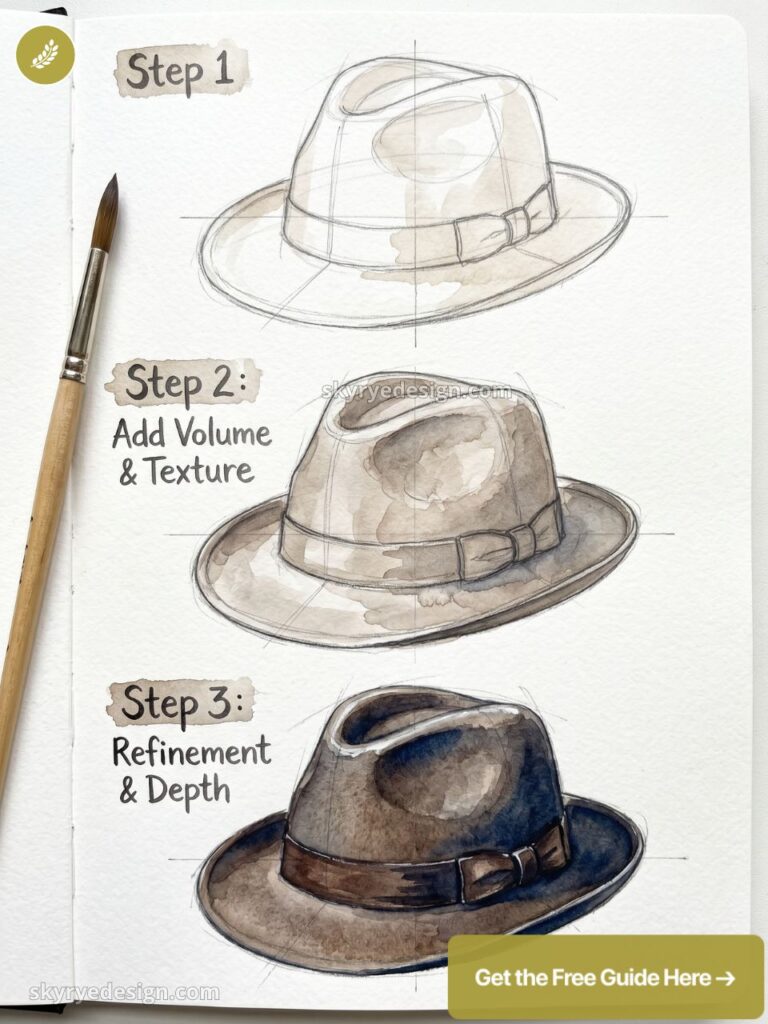 Watercolor step-by-step fedora drawing tutorial: sketch, add volume & texture, refine depth, paintbrush beside.
