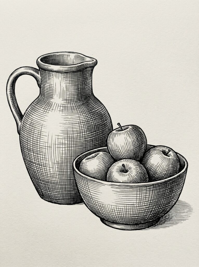 Vintage hand-drawn ink engraving still life: ceramic pitcher and bowl of apples