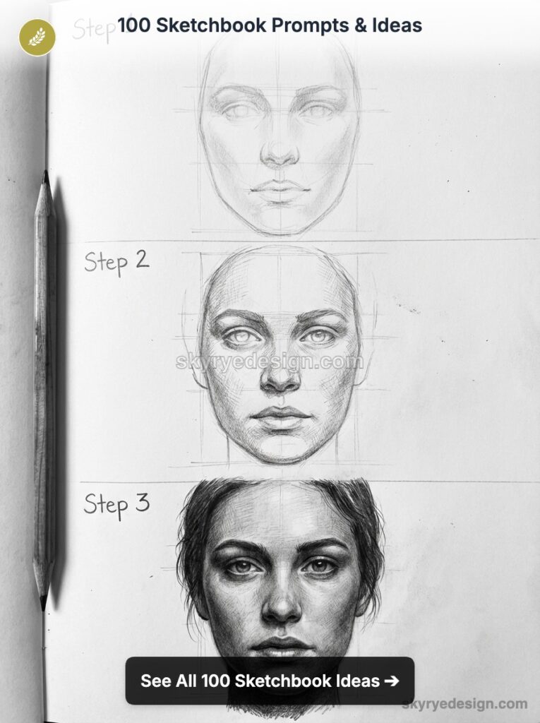 Sketchbook portrait tutorial page showing three pencil stages from basic construction lines to refined, realistic shading.