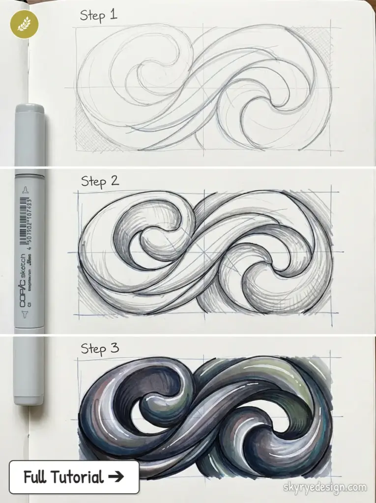 Step-by-step sketchbook tutorial: pencil to marker rendering of a stylized infinity wave, three stages