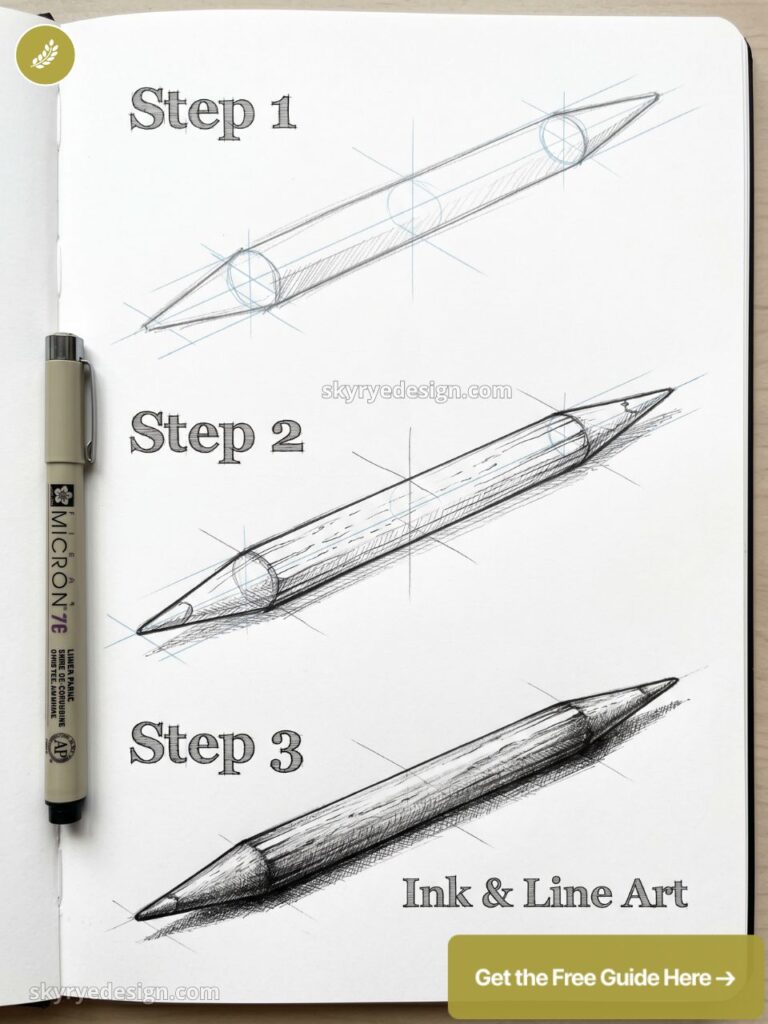 Ink & line art tutorial: three-step sketch of a pencil with construction lines and Micron pen