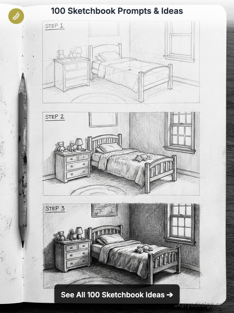 Sketchbook page with step-by-step pencil sketches of a bedroom interior: bed, nightstand, window and pencil
