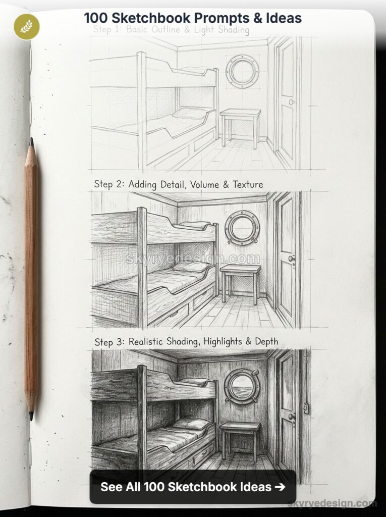 Sketchbook page showing step-by-step pencil drawings of a bunk-bed cabin interior: outline, details, realistic shading.