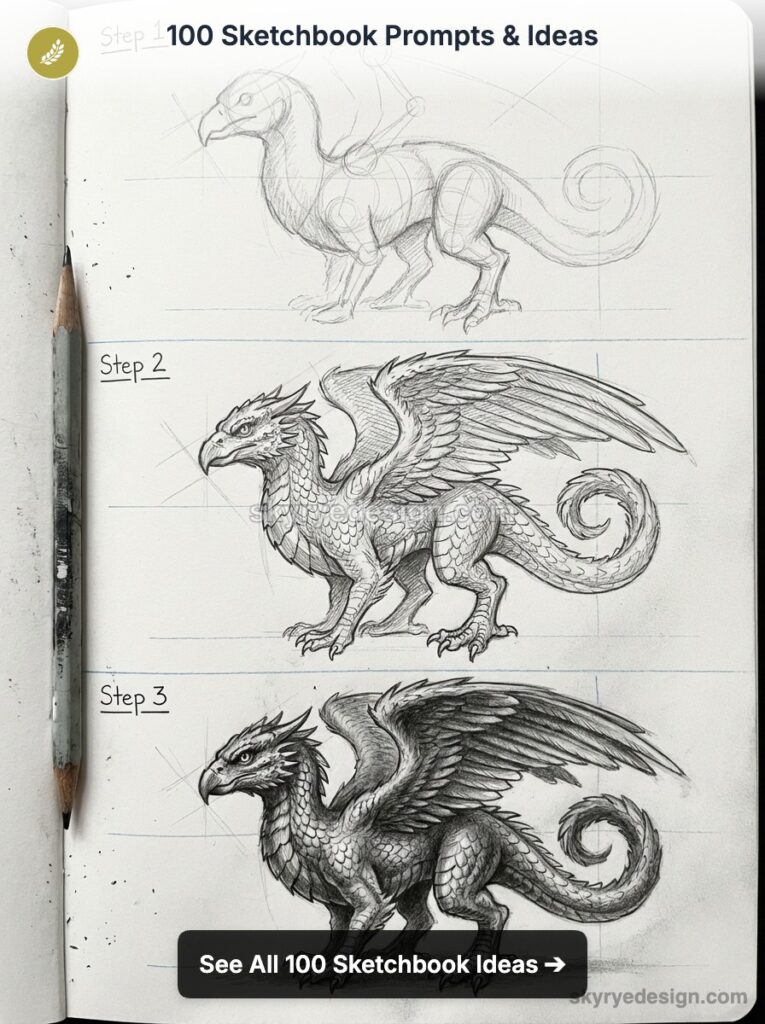 Sketchbook step-by-step pencil tutorial showing griffin/dragon creature drawing from rough outline to detailed shaded sketch.