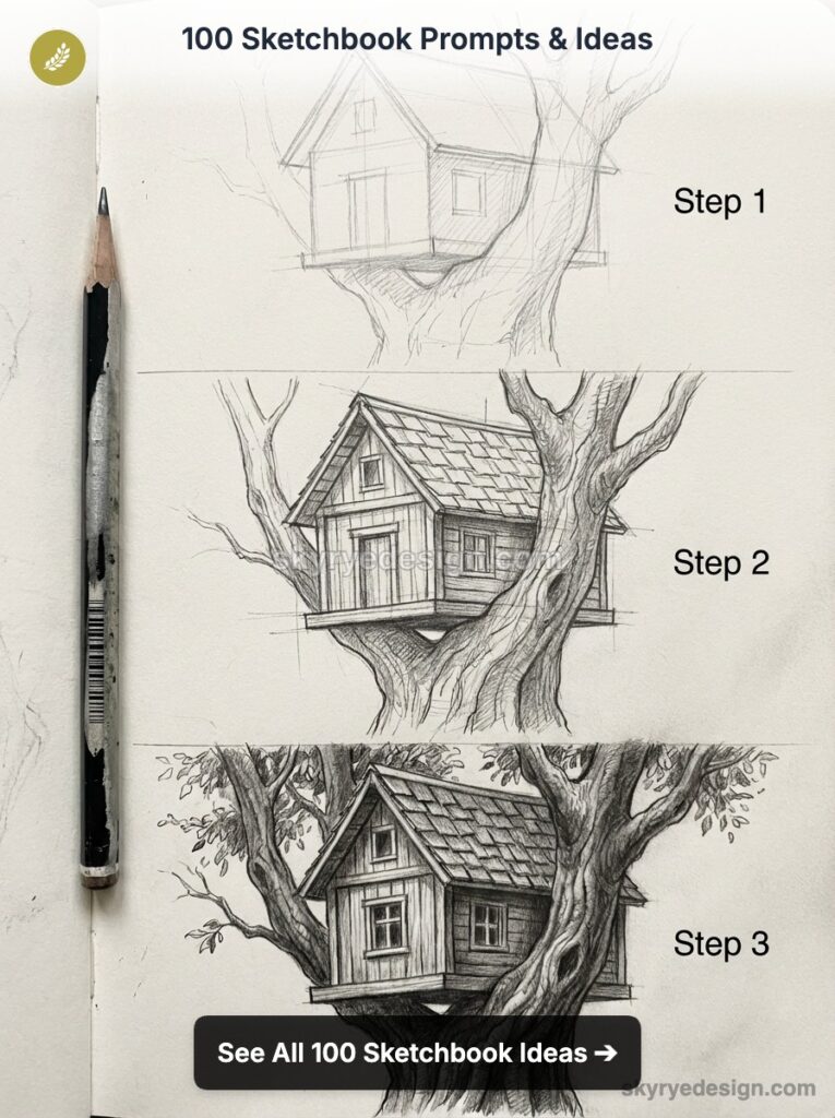 Treehouse pencil sketch: three-step progression in a sketchbook — step-by-step drawing prompt for artists