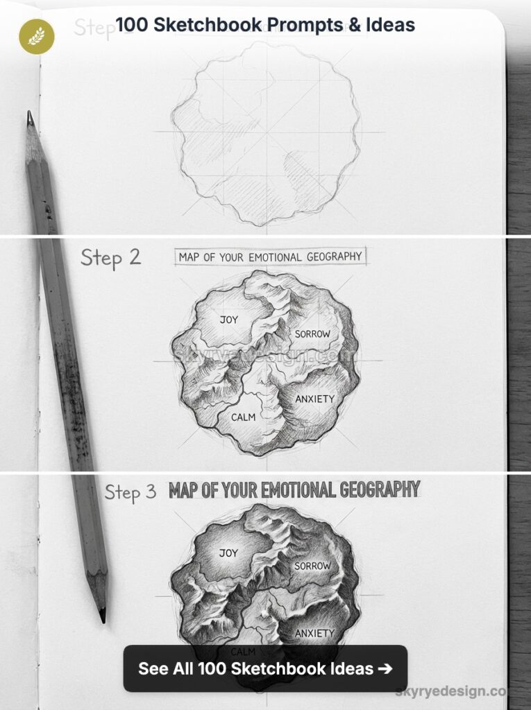 Sketchbook prompt: pencil map of emotional geography labeled Joy, Sorrow, Calm, Anxiety on a sketchbook page.
