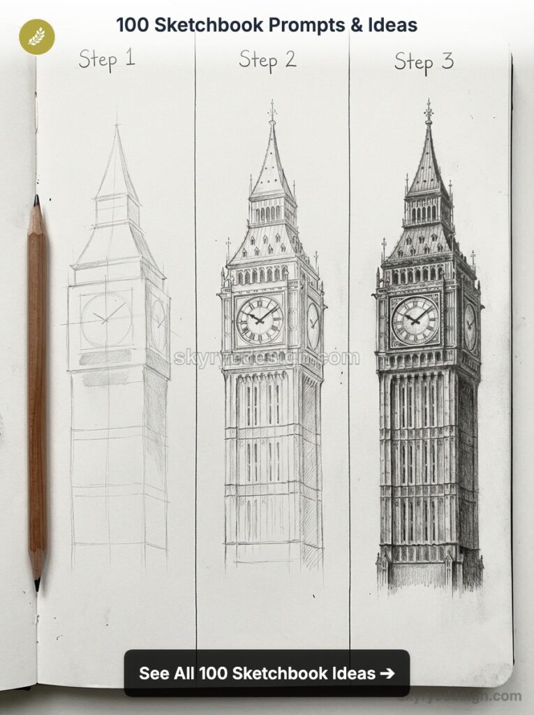 Sketchbook page from '100 Sketchbook Prompts & Ideas': three-step pencil tutorial of Big Ben (Elizabeth Tower)
