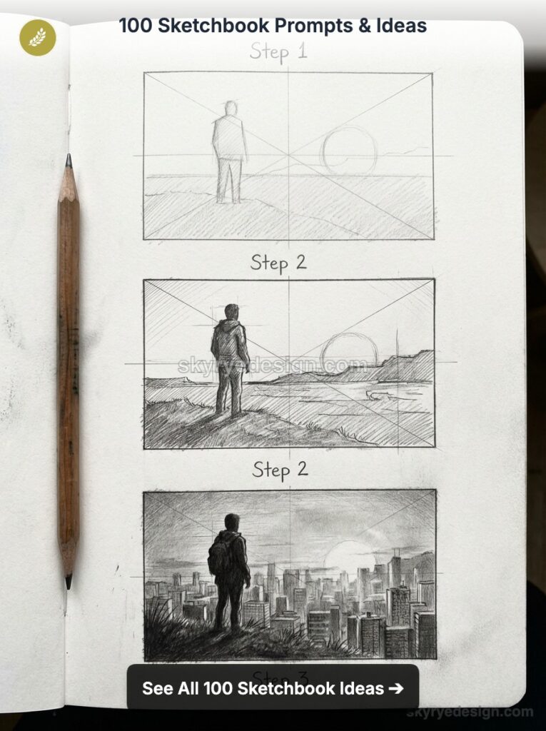 Sketchbook page with three step-by-step pencil sketches of a lone figure overlooking landscapes and a city, pencil at side