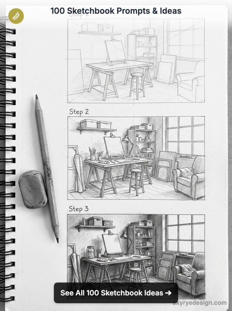 Sketched spiral-bound sketchbook page showing step-by-step pencil drawings of an art studio interior, pencil and eraser.