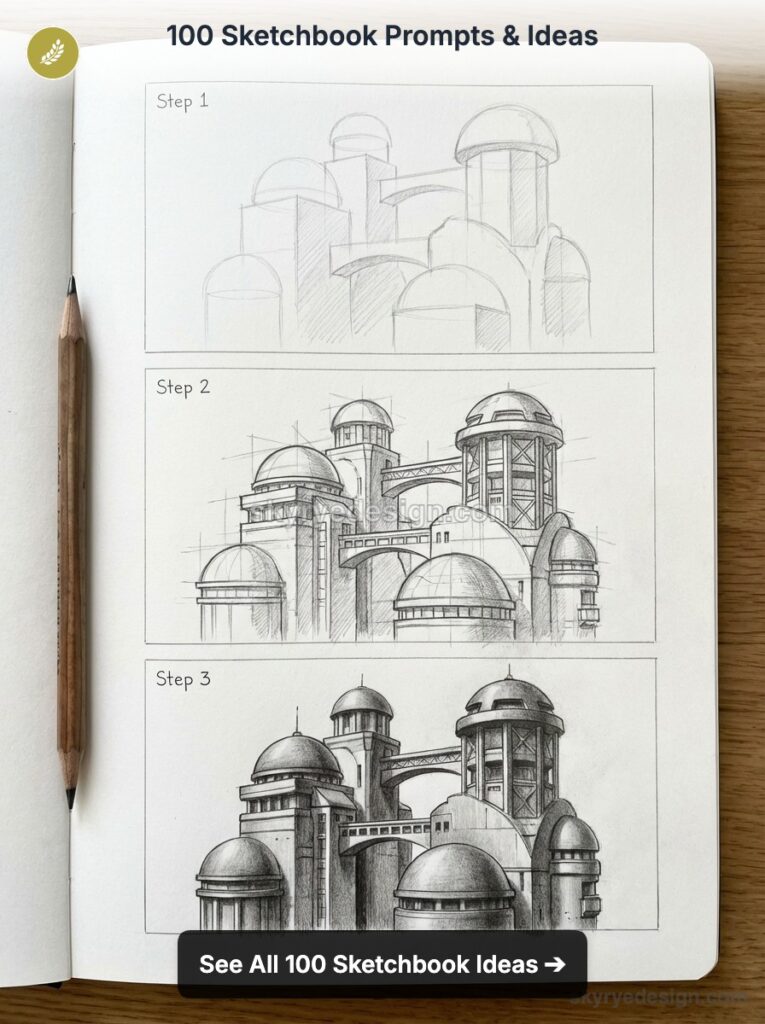 Sketchbook showing three-step pencil tutorial of futuristic domed city architecture with wooden pencil