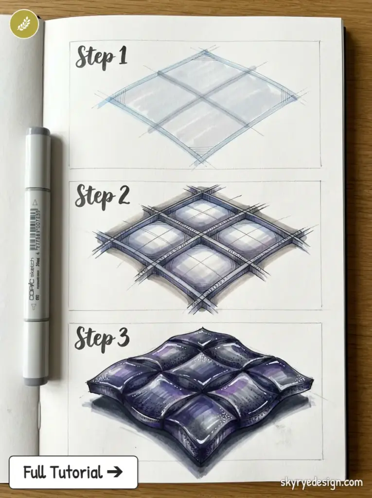 Three-step sketchbook tutorial of a tufted cushion drawing with shading, Copic marker beside the pages.