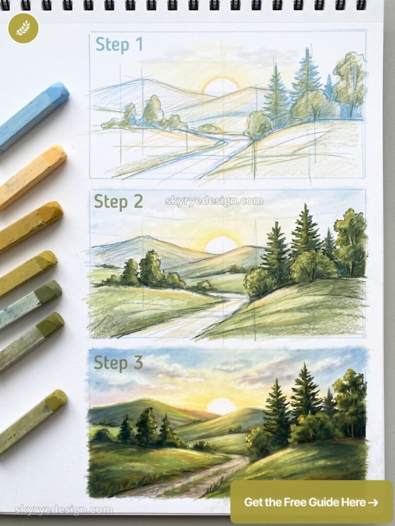 Step-by-step pastel landscape: sketch, color study, finished sunrise over hills with pines and winding path; pastels at left