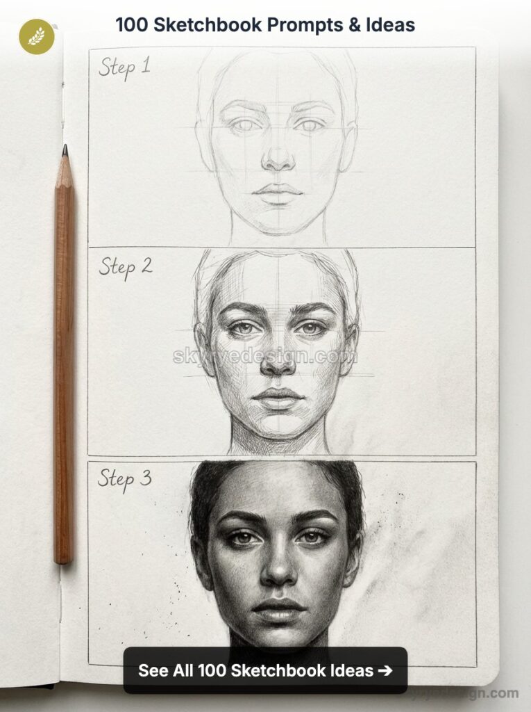 100 Sketchbook Prompts: step-by-step pencil portrait progression from rough guidelines to detailed realistic face