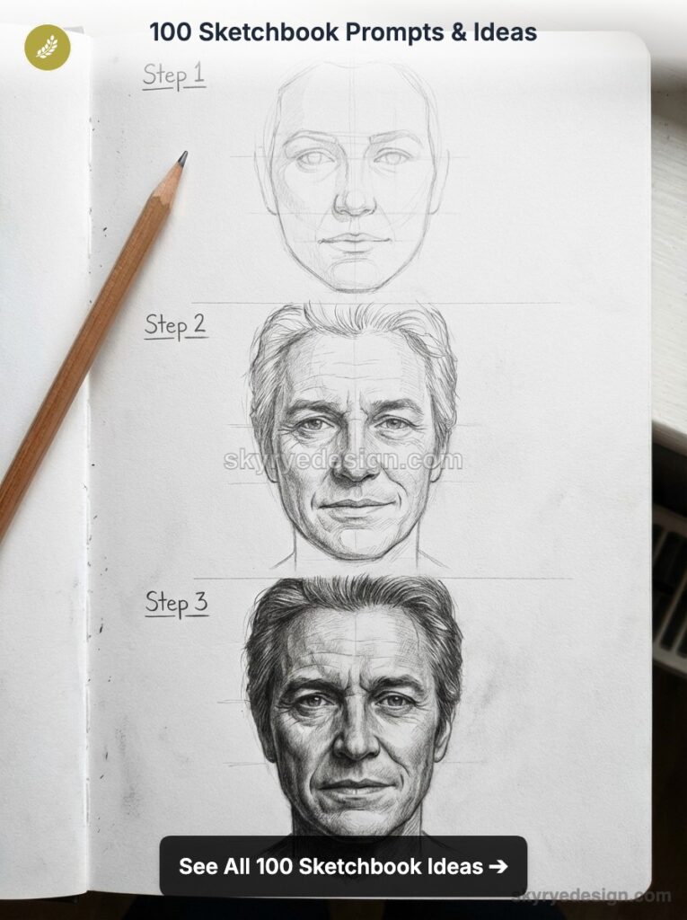 Sketchbook page showing three-step pencil portrait progression from basic outline to detailed realistic male face with pencil.