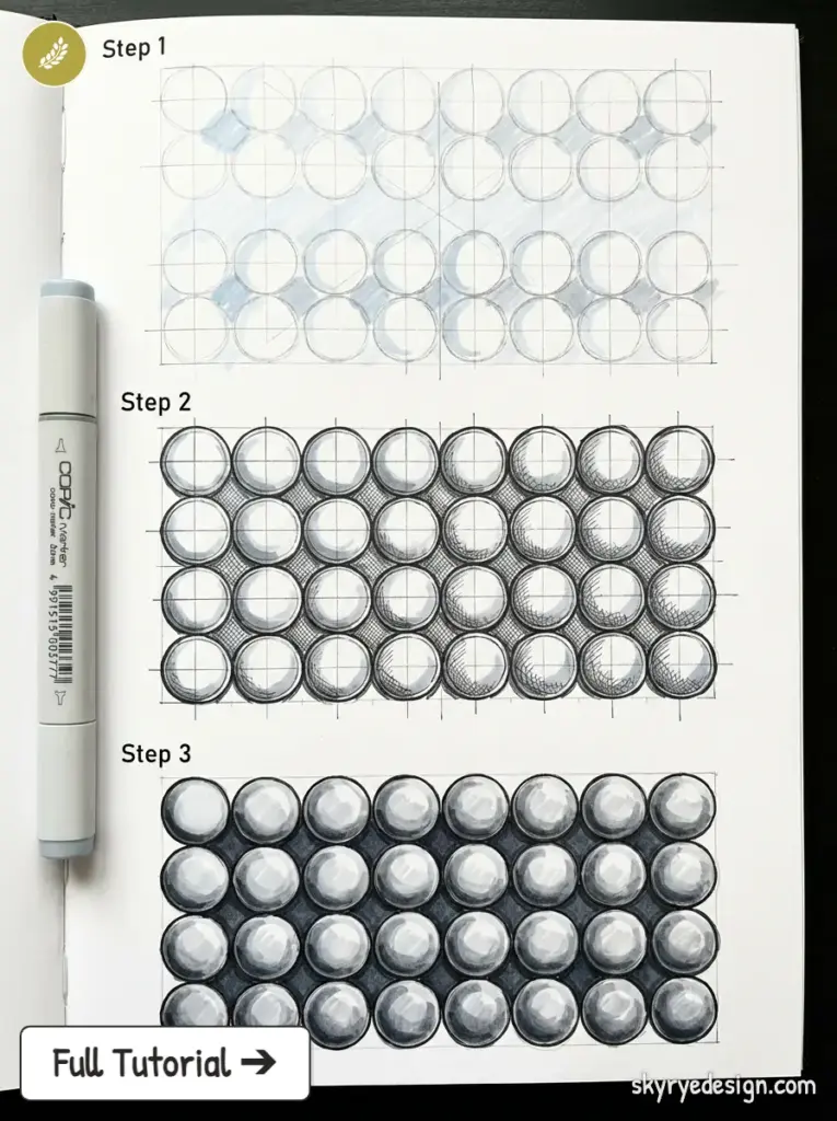 Copic marker step-by-step tutorial: draw shaded spheres in a grid—sketch, hatching, rendered shading.