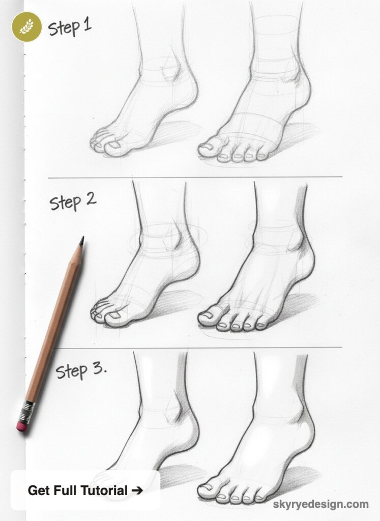 How to draw feet: step-by-step pencil sketch tutorial showing front and side foot drawings with shading