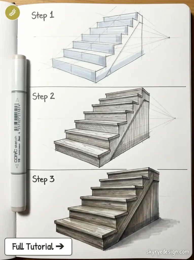 Step-by-step perspective drawing tutorial of wooden stairs, showing three stages from construction lines to shaded, textured render.